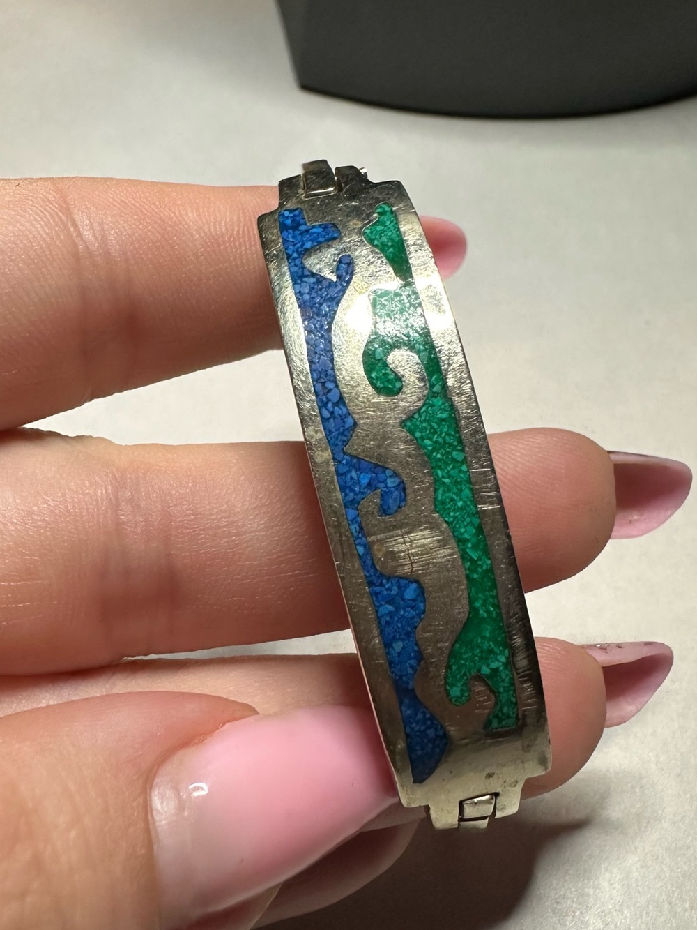 Silver-Tone Blue & Green Inlay Hinged Bracelet by